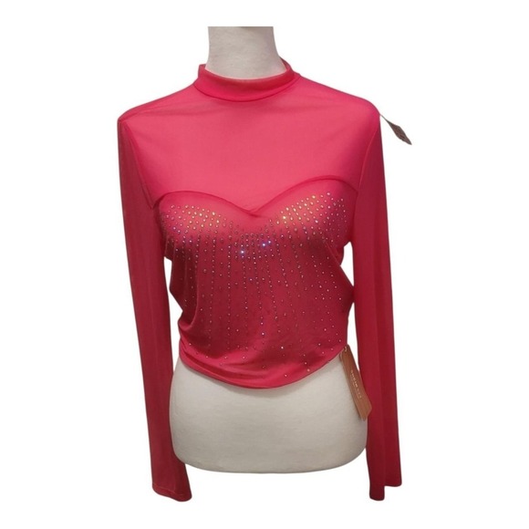 NWT Hot Pink SHEIN long sleeve stretch sheer top with sparkling details#coquette - Picture 7 of 8